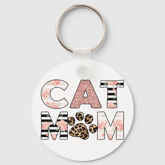 Porte-clés Chat Maman Rose Floral & Leopard Paw (Recto)