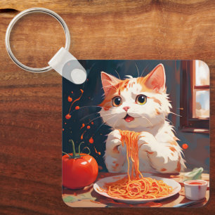 Porte-clés Chat mangeant des spaghetti