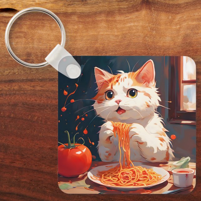 Porte-clés Chat mangeant des spaghetti (Recto)