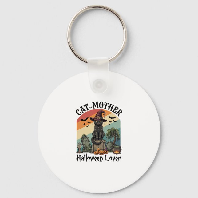 Porte-clés Chat Mère Halloween Amant Chapeau de Sorcière Noir (Recto)