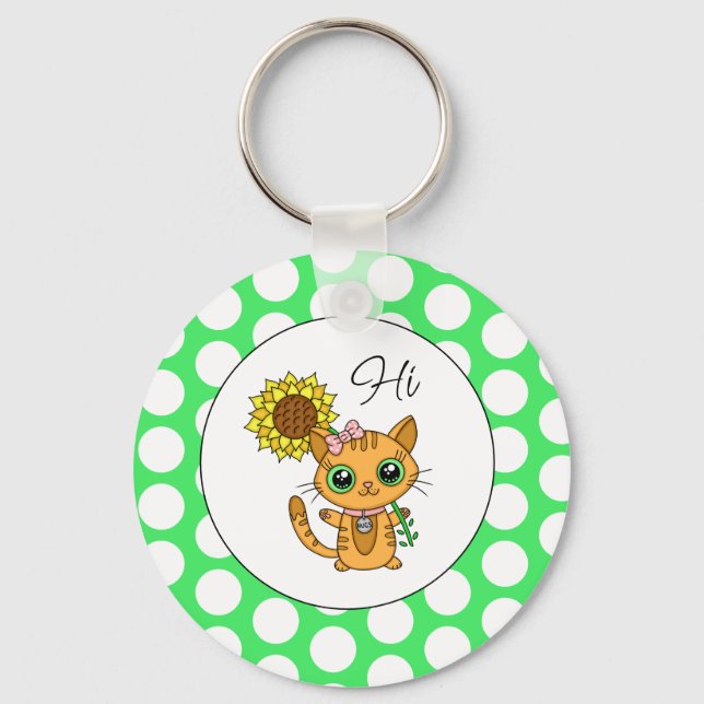 Porte-clés Chat mignon avec tournesol et Pois (Recto)