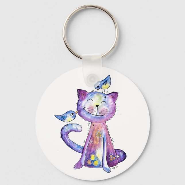 Porte-clés Chat mignon blanc violet avec oiseaux (Recto)