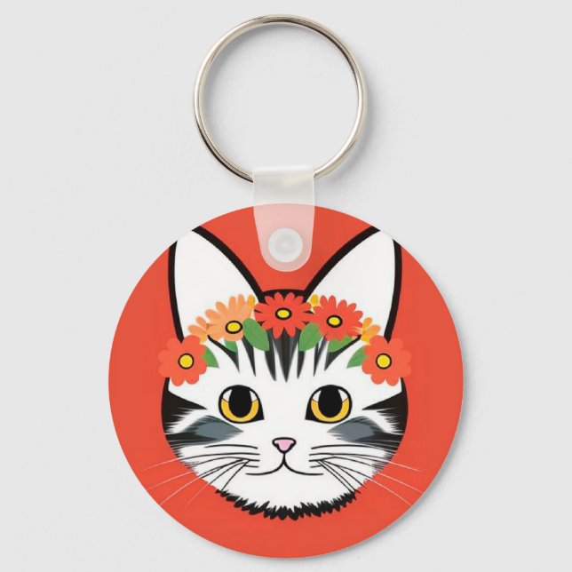 Porte-clés Chat Mignon Charme Floral Vibrant Cadeau (Recto)