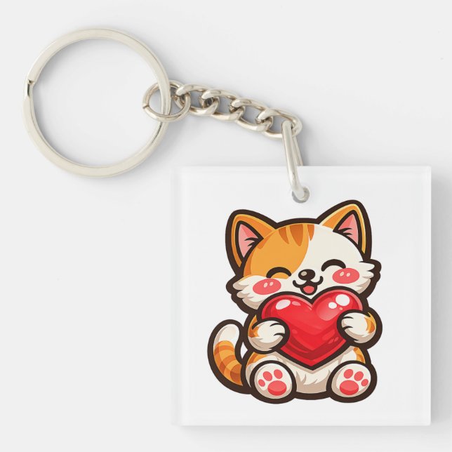 Porte-clés Chat Mignon Cœur – Chat Kawaii qui embr (Devant)