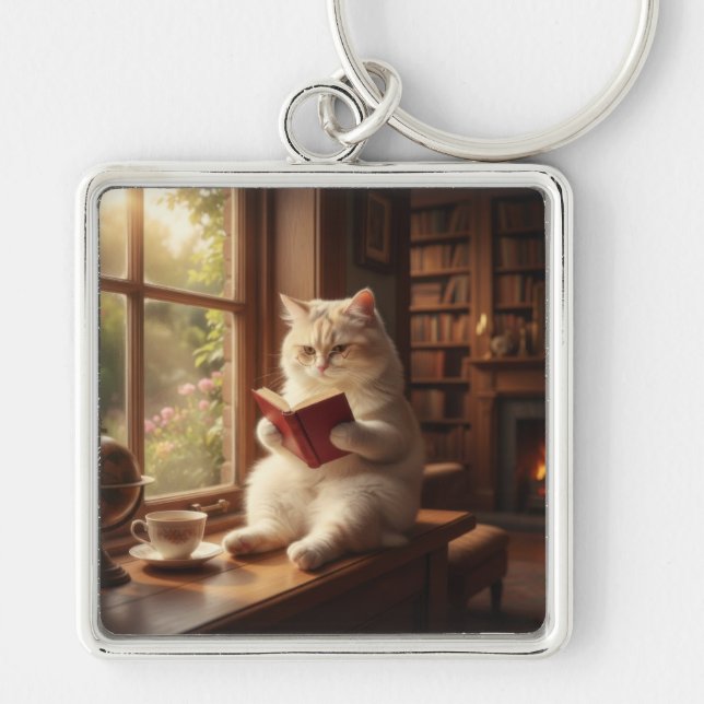 Porte-clés Chat Mignon en Train de Lire (Devant)