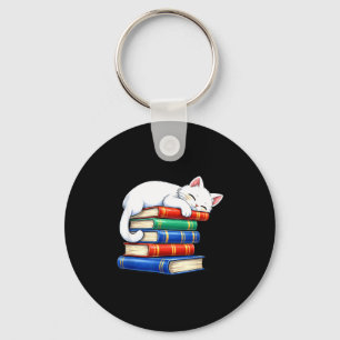 Porte-clés Chat mignon endormi et livres adorable bibliophile