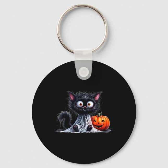 Porte-clés Chat Mignon Kitty Fantôme Halloween Citrouille Noi (Recto)