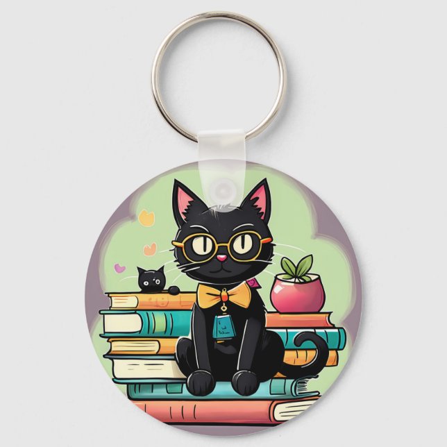 Porte-clés Chat noir assis sur une pile de livres (Recto)