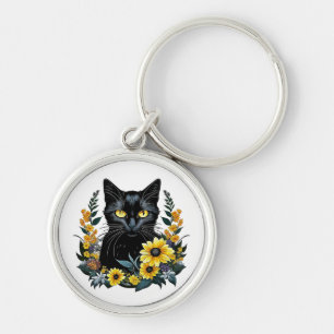 Porte-clés chat noir avec des fleurs