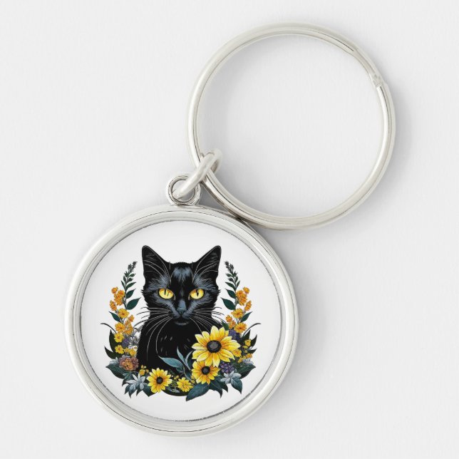 Porte-clés chat noir avec des fleurs (Devant)