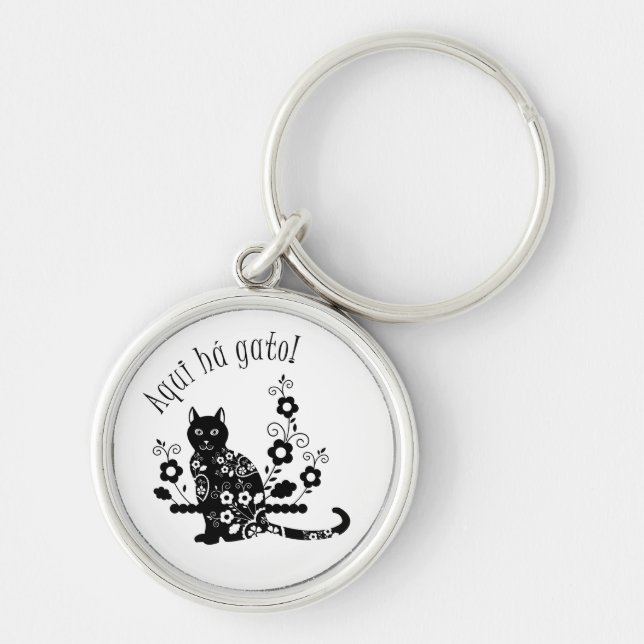 Porte-clés Chat noir avec fleurs et expression portugaise (Devant)