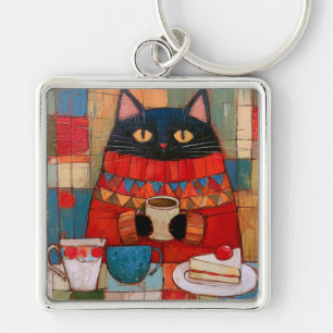 Porte-clés Chat noir confortable buvant du café au café