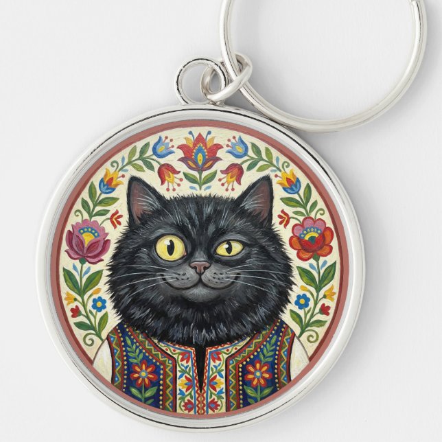 Porte-clés Chat noir d'art populaire balkanique (Devant)