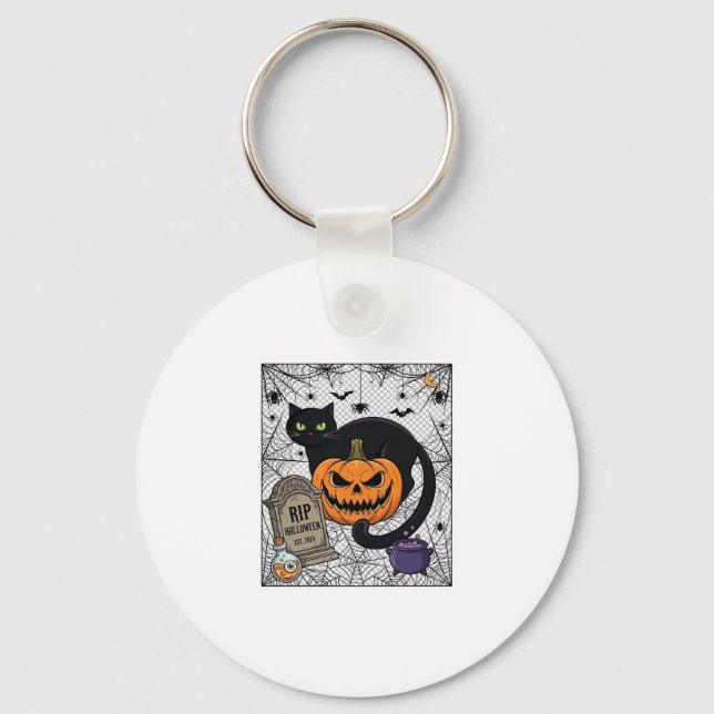 Porte-clés Chat noir d'Halloween Citrouille Pierre tombale Ch (Recto)