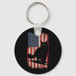 Porte-clés Chat Noir Drapeau Américain Usa 4 Juillet Patriote