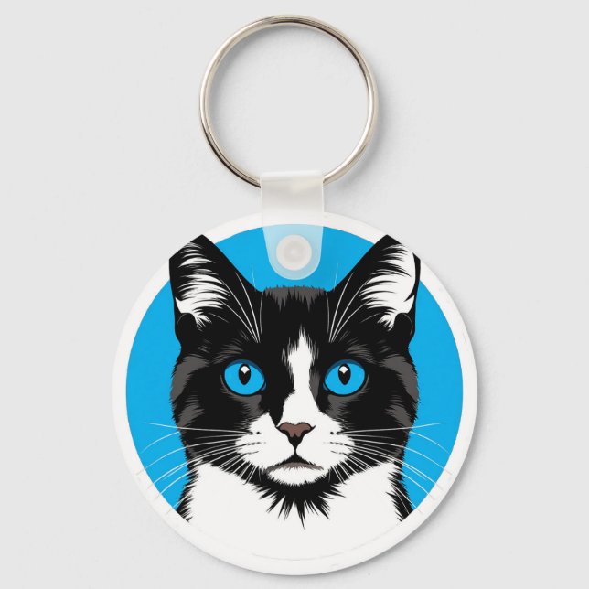 Porte-clés Chat noir et blanc aux yeux bleus (Recto)