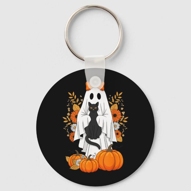 Porte-clés Chat noir fantôme citrouille mignon automne Hallow (Recto)
