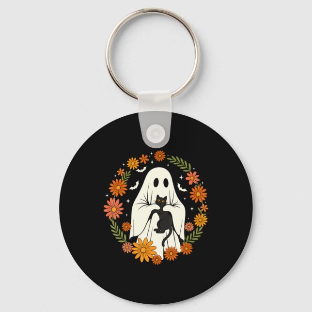 Porte-clés Chat noir fantôme d'Halloween (Recto)