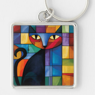 Porte-clés Chat noir géométrique Grille en verre teinté