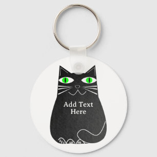 Porte-clés Chat Noir Gras Avec Des Yeux Verts Texte Personnal