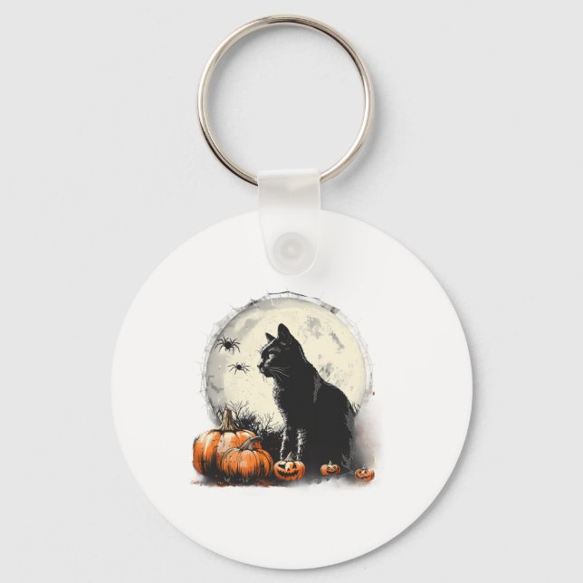 Porte-clés Chat noir Halloween Lune Éffrayante Citrouille d'o (Recto)