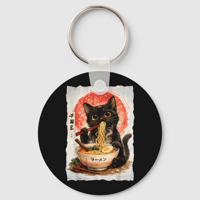 Porte-clés Chat noir mangeant des ramen mignon kawaii anime c (Recto)