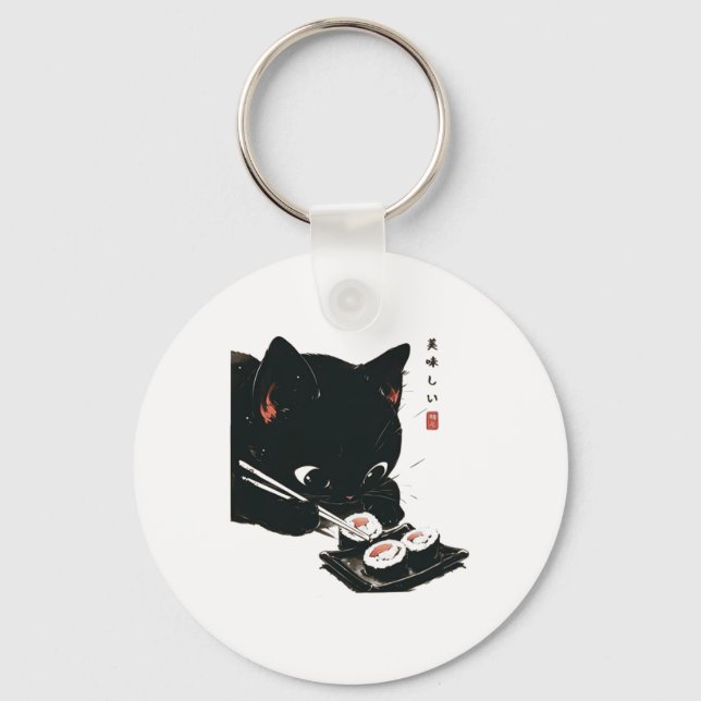 Porte-clés Chat noir manger Sushi - Chat Art Japonais (Recto)