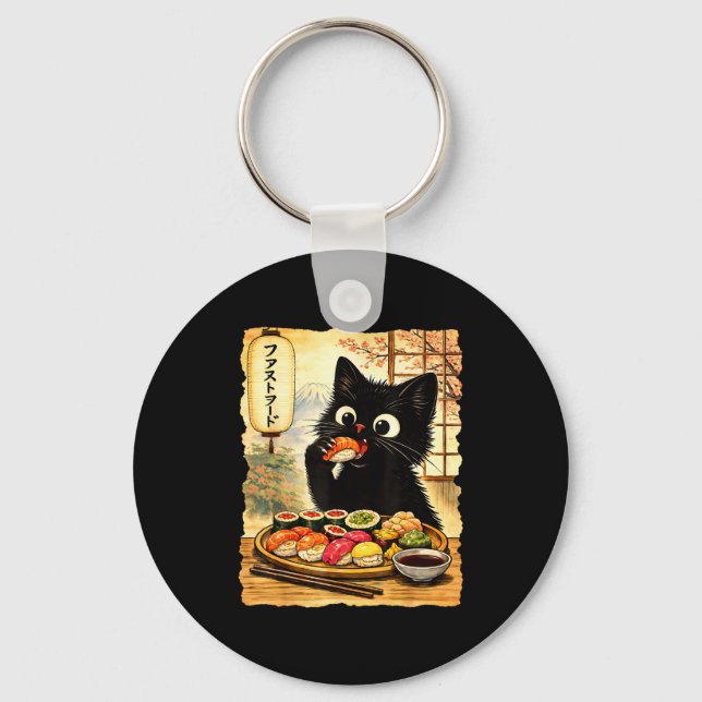 Porte-clés Chat noir mignon mangeant des sushis nourriture ja (Recto)