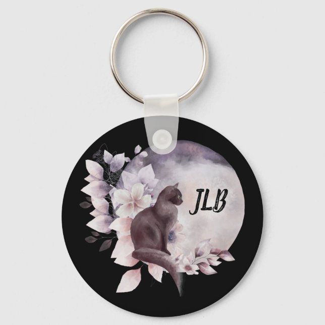 Porte-clés Chat noir par une Pleine lune magique (Recto)