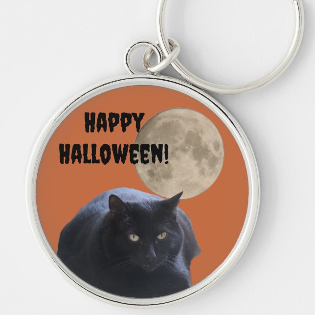 Porte-clés Chat noir Pleine lune Halloween (Devant)