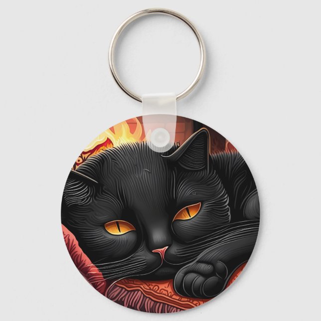 Porte-clés Chat noir posé devant une cheminée (Recto)
