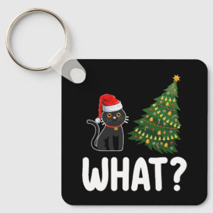 Porte-clés Chat noir qui pousse l'arbre de Noël drôle