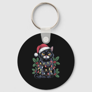 Porte-clés Chat Noir Santa Chapeau Noël Lumières Arbre Drôle 