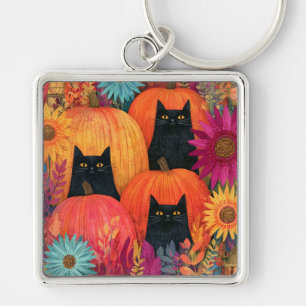 Porte-clés Chat noir vigilant Patch de citrouille d'automne