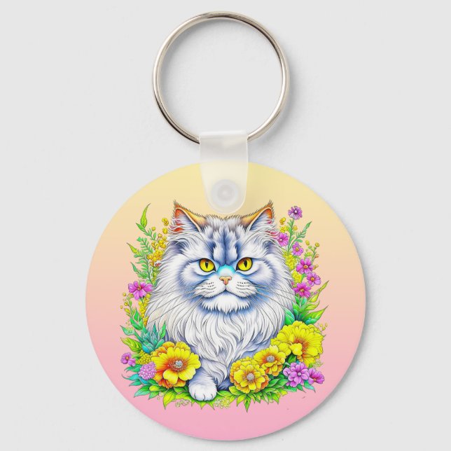 Porte-clés Chat persan en fleurs Personnalisé (Recto)