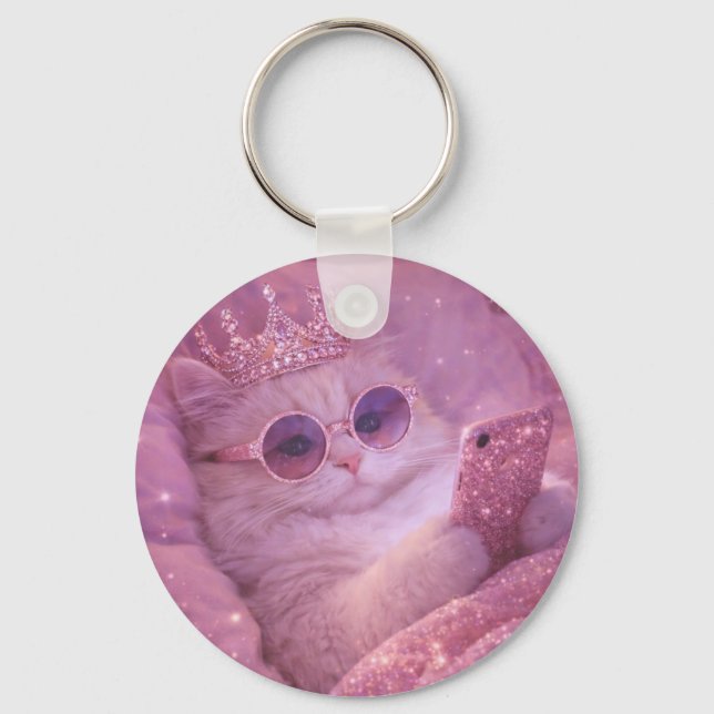 Porte-clés Chat Princesse Gâtée Envoie des Textos au Lit (Recto)