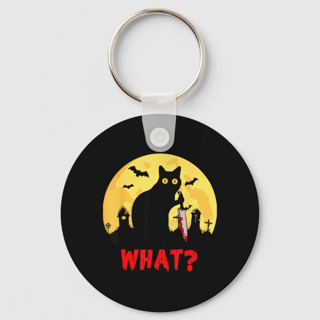 Porte-clés Chat Quoi_ Halloween Chat Noir Avec Couteau - Drôl (Recto)