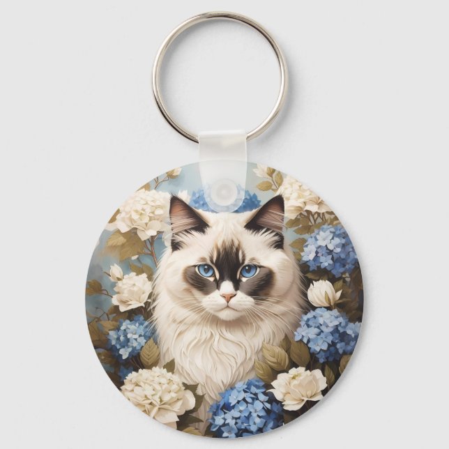 Porte-clés Chat Ragdoll Avec Fleurs Bleues D'Hydrangée (Recto)