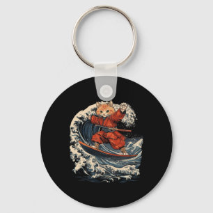 Porte-clés Chat Samouraï surfant sur la Grande Vague Ronin Ka