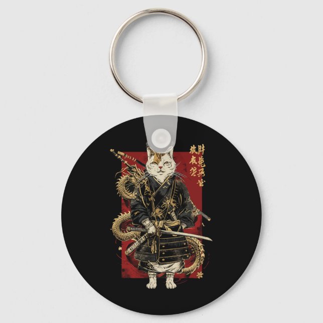Porte-clés Chat Samurai Avec Dragon Kanji (Recto)