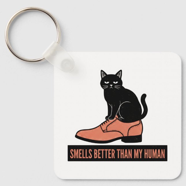 Porte-clés Chat Sarcastique en Linogravure dans une Chaussure (Recto)