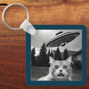 Porte-clés Chat Selfie UFO Drôle Abduction Aliène