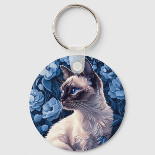 Porte-clés Chat siamois en Fleurs Bleues