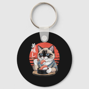Porte-clés Chat siamois japonais mangeant des sushis Kawaii A