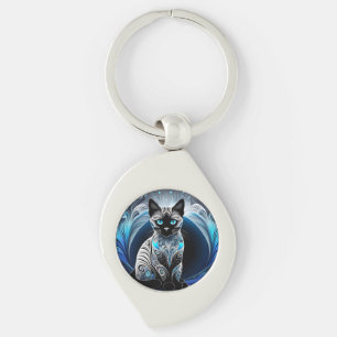 Porte-clés Chat siamois, noir bleu et blanc abstrait