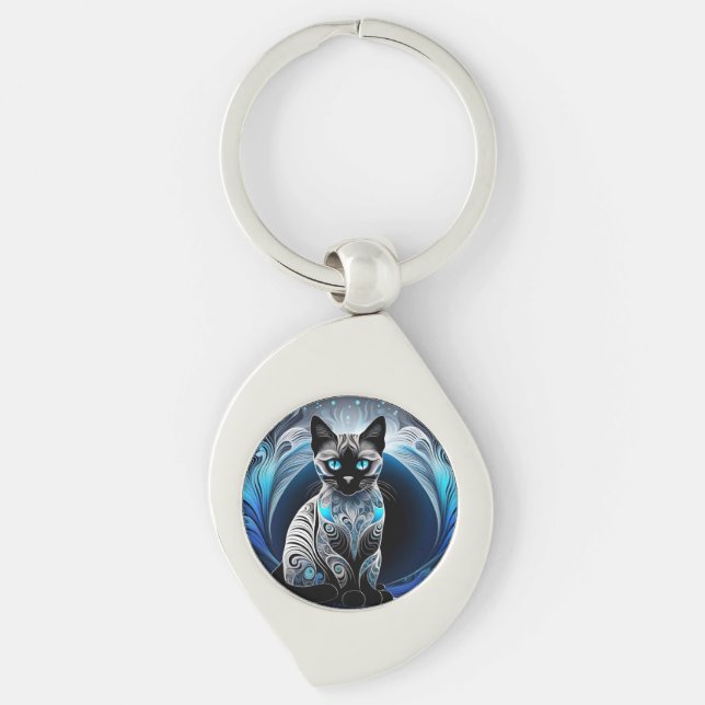 Porte-clés Chat siamois, noir bleu et blanc abstrait (Devant)