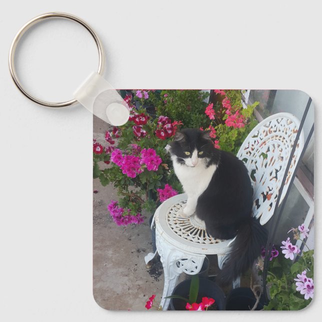 Porte-clés Chat Smoking Élégant Mignon avec de Jolies Fleurs  (Recto)