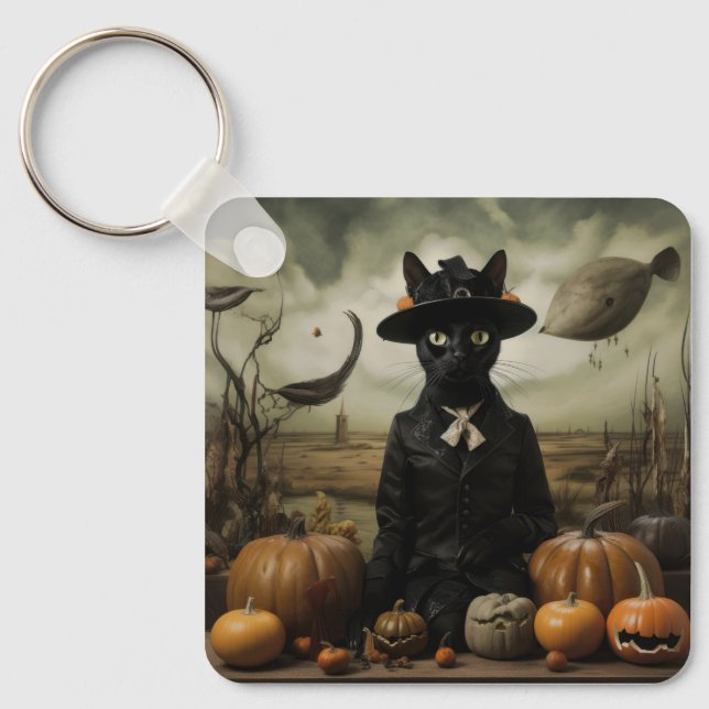 Porte-clés Chat sorcière avec citrouilles  (Recto)
