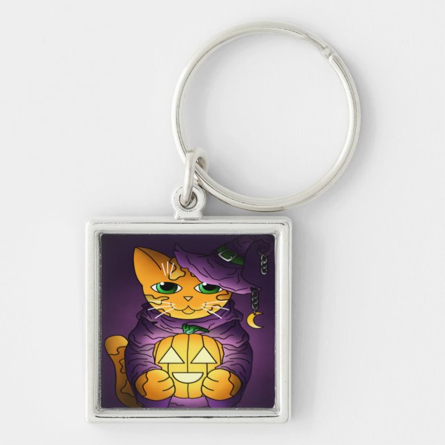 Porte-clés Chat-sorcière d'Halloween violet (Devant)