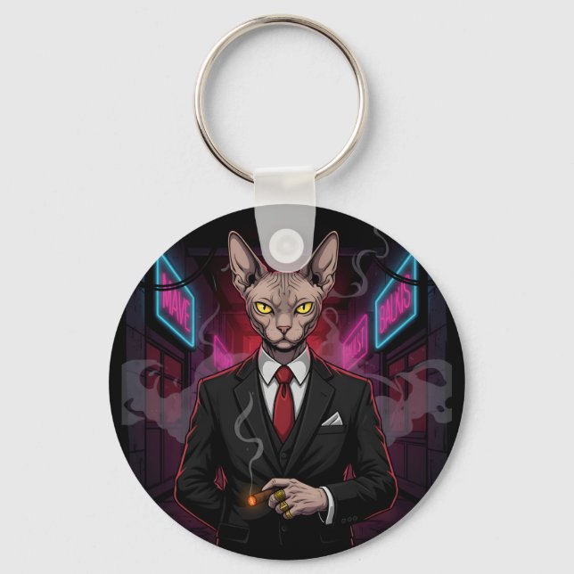 Porte-clés Chat Sphynx Mafia dans un style néon noir (Recto)